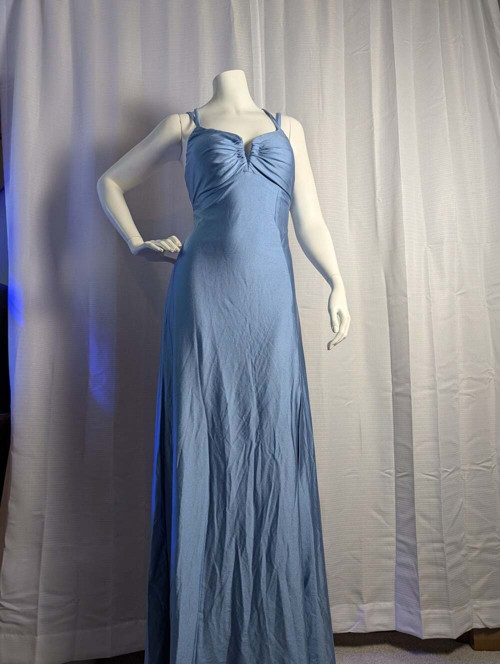 Morgan & Co. Dusty Blue Shimmer Lace-Up Back Evening Gown with Side Slit